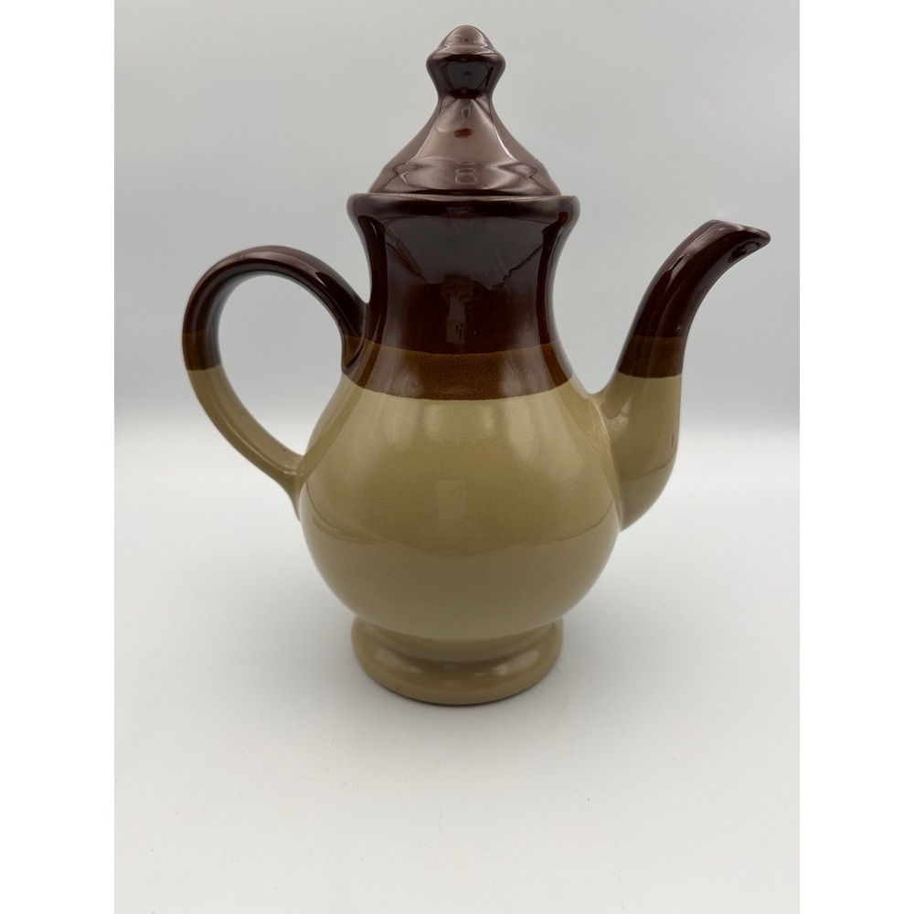 Vintage Two Tone Brown Tan Ceramic Teapot with Lid Farmhouse Stoneware 8.5in